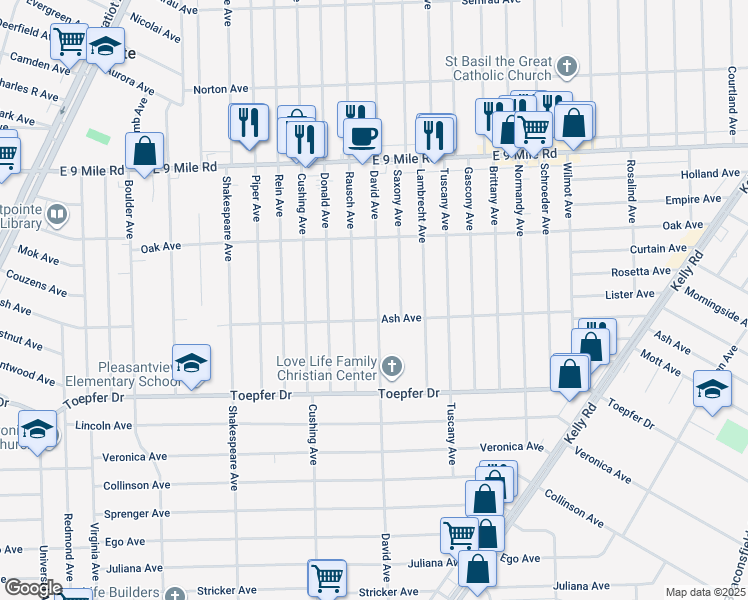 map of restaurants, bars, coffee shops, grocery stores, and more near 22039 David Avenue in Eastpointe