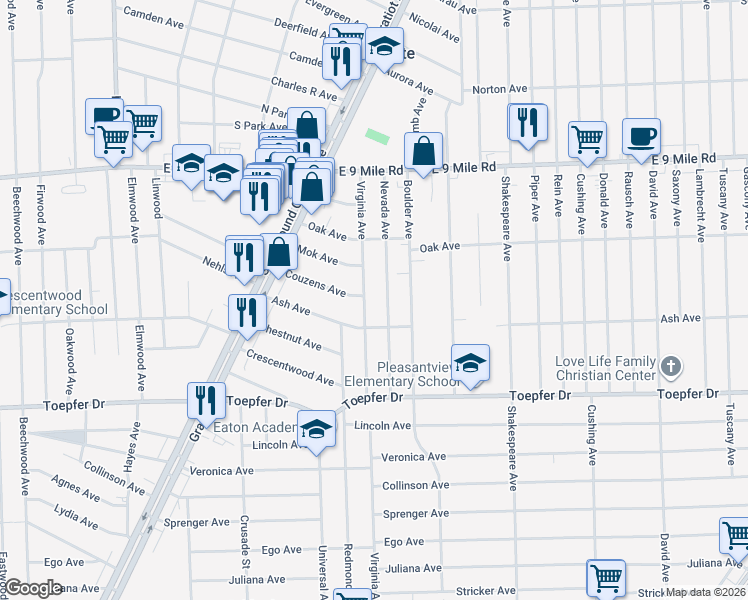 map of restaurants, bars, coffee shops, grocery stores, and more near 22058 Virginia Ave in Eastpointe