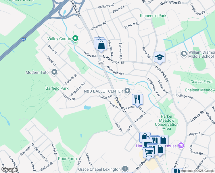 map of restaurants, bars, coffee shops, grocery stores, and more near 218 Bedford Street in Lexington