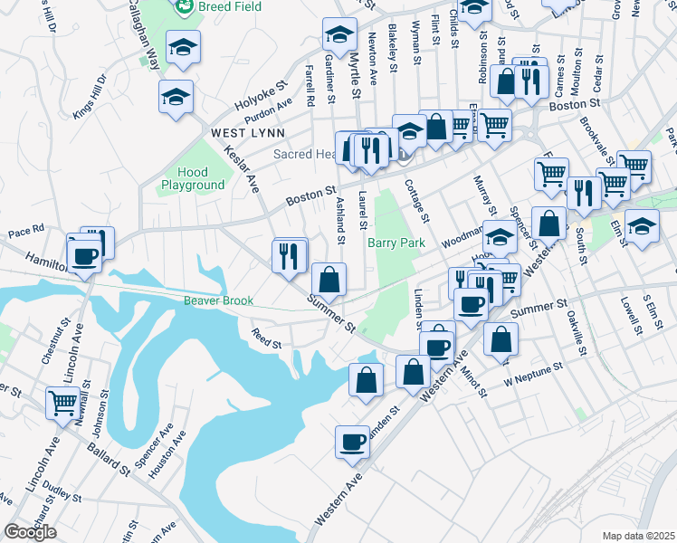map of restaurants, bars, coffee shops, grocery stores, and more near 42 Ashland Street in Lynn