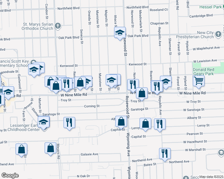 map of restaurants, bars, coffee shops, grocery stores, and more near 10160 West Nine Mile Road in Oak Park