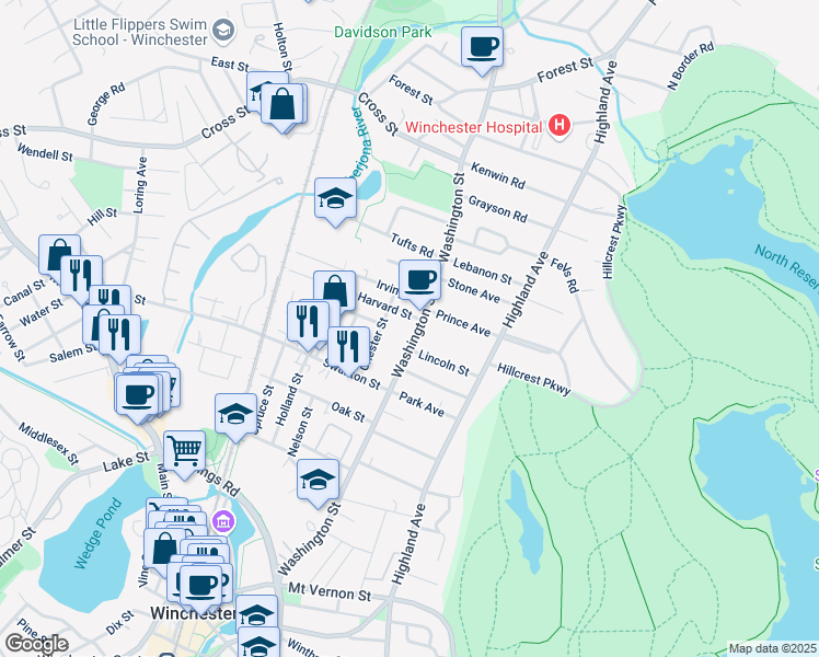 map of restaurants, bars, coffee shops, grocery stores, and more near 348 Washington Street in Winchester