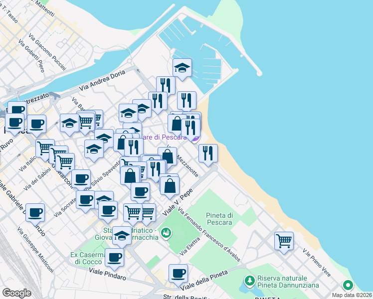 map of restaurants, bars, coffee shops, grocery stores, and more near 65 Via Salvatore Tommasi in Pescara