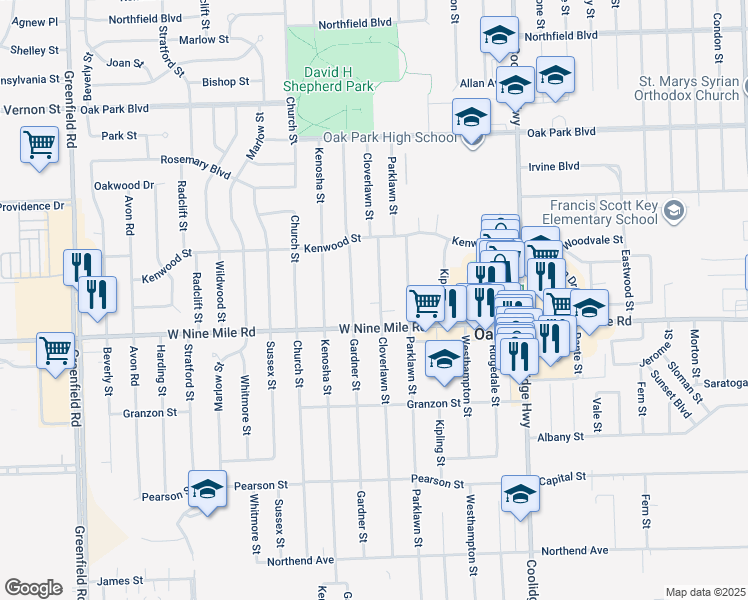 map of restaurants, bars, coffee shops, grocery stores, and more near 23041 Cloverlawn Street in Oak Park