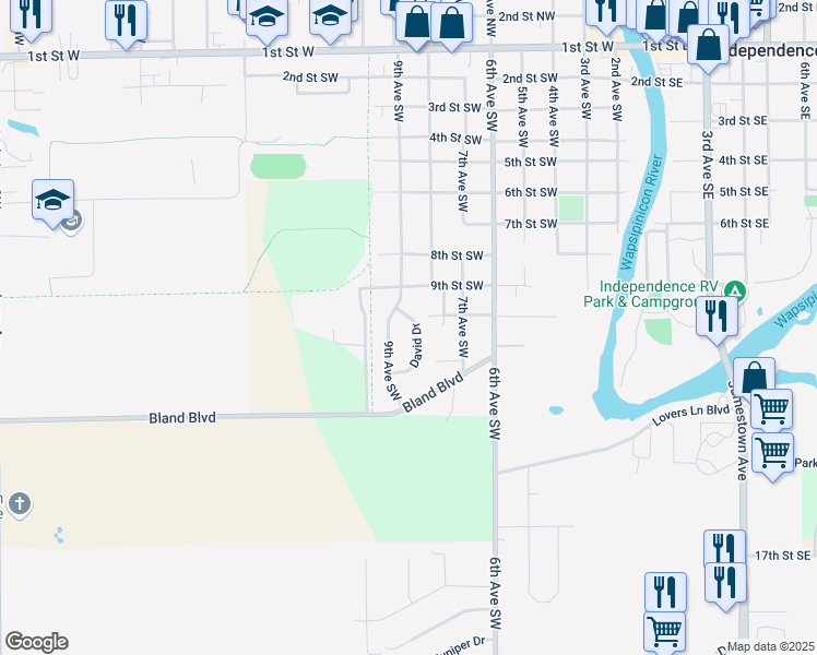 map of restaurants, bars, coffee shops, grocery stores, and more near 1005 David Drive in Independence
