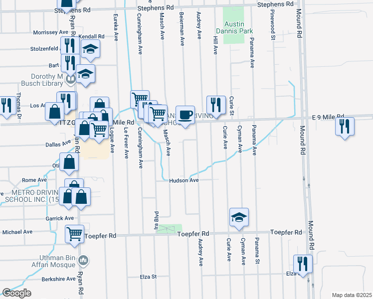 map of restaurants, bars, coffee shops, grocery stores, and more near 22554 Karam Court in Warren
