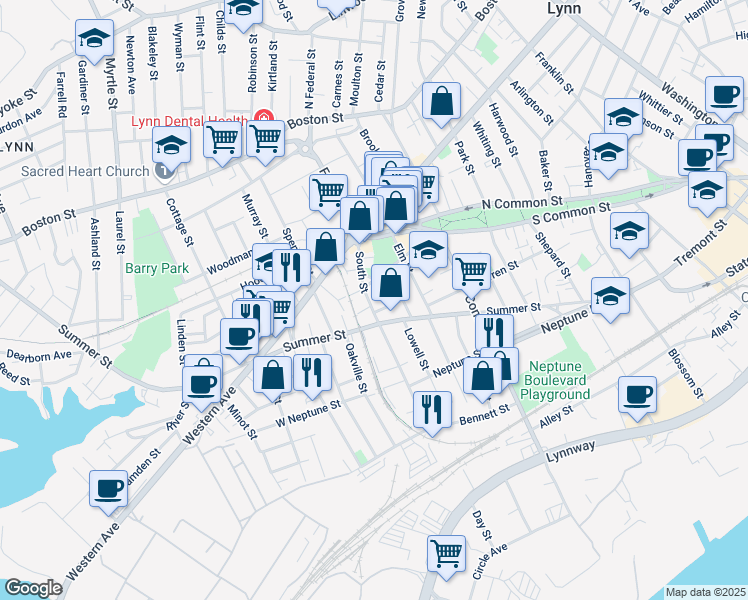 map of restaurants, bars, coffee shops, grocery stores, and more near 50 South Street in Lynn