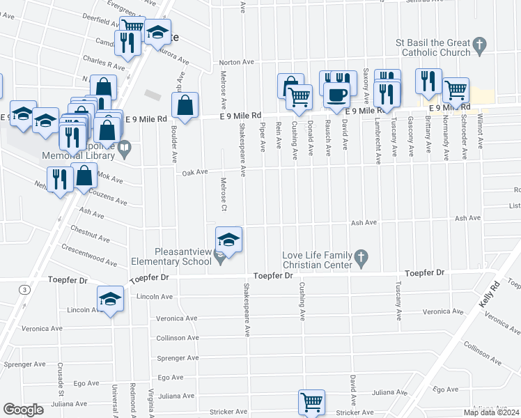 map of restaurants, bars, coffee shops, grocery stores, and more near 22061 Piper Avenue in Eastpointe