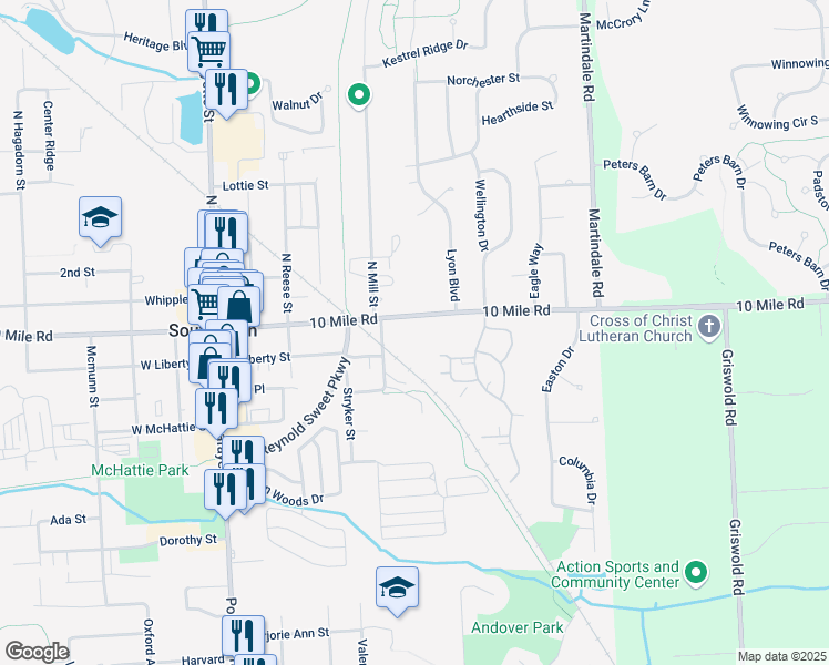 map of restaurants, bars, coffee shops, grocery stores, and more near 109 South Mill Street in South Lyon