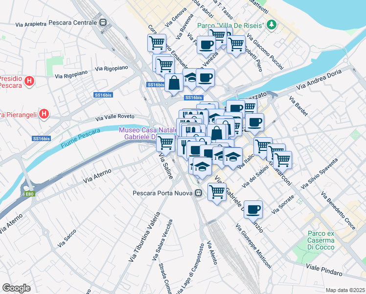 map of restaurants, bars, coffee shops, grocery stores, and more near 16 Via Lago di Scanno in Pescara