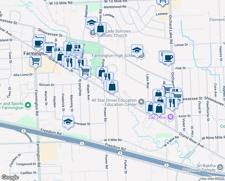 map of restaurants, bars, coffee shops, grocery stores, and more near 32326 Grand River Avenue in Farmington