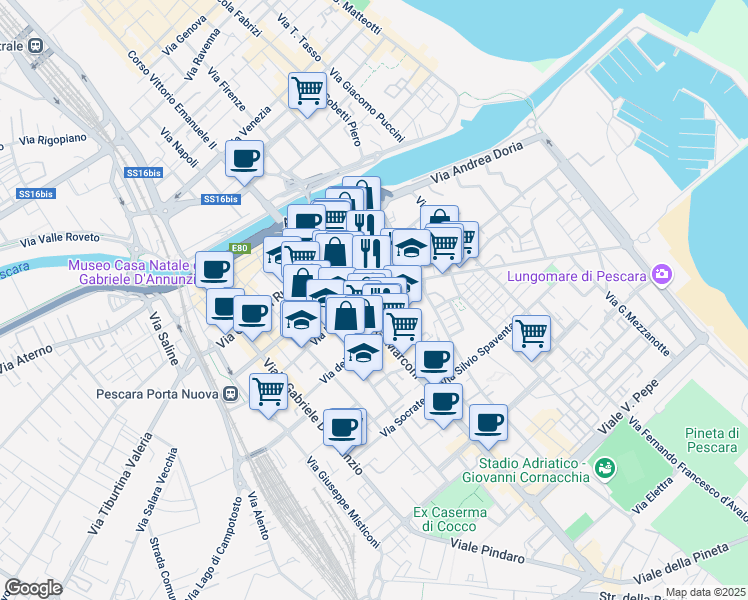 map of restaurants, bars, coffee shops, grocery stores, and more near 5 Via Nicola da Guardiagrele in Pescara