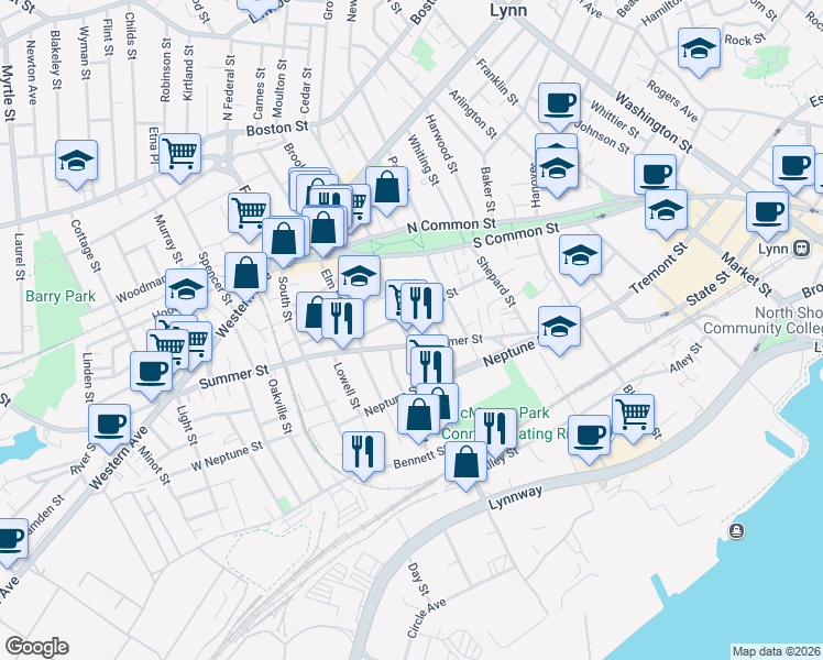 map of restaurants, bars, coffee shops, grocery stores, and more near 66 Commercial Street in Lynn