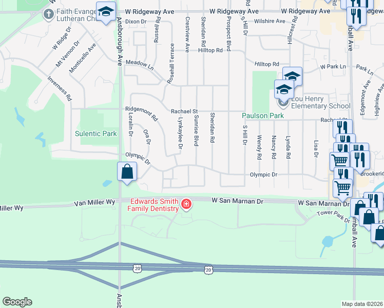 map of restaurants, bars, coffee shops, grocery stores, and more near 922 Sunrise Boulevard in Waterloo