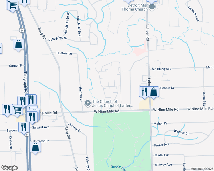map of restaurants, bars, coffee shops, grocery stores, and more near 1914 Essex Way Court in Southfield