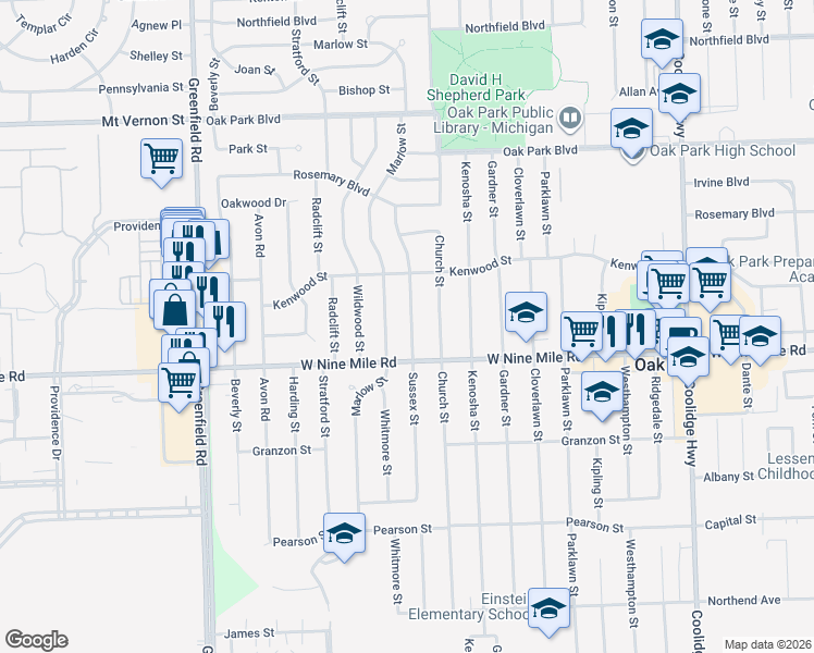 map of restaurants, bars, coffee shops, grocery stores, and more near 23065 Sussex Street in Oak Park