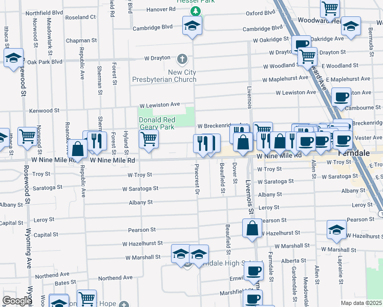 map of restaurants, bars, coffee shops, grocery stores, and more near 1100 West Nine Mile Road in Ferndale