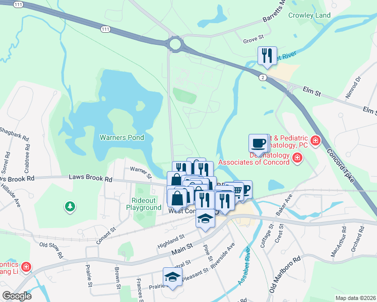 map of restaurants, bars, coffee shops, grocery stores, and more near 45 Winthrop Street in Concord