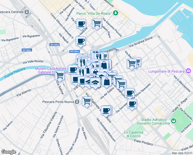 map of restaurants, bars, coffee shops, grocery stores, and more near 28 Via dei Peligni in Pescara