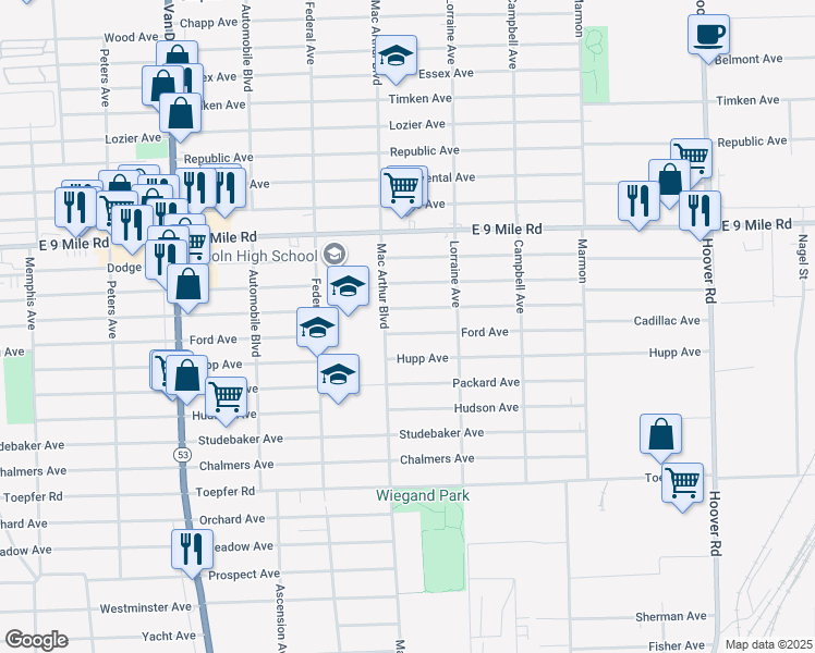 map of restaurants, bars, coffee shops, grocery stores, and more near 8645 Ford Avenue in Warren