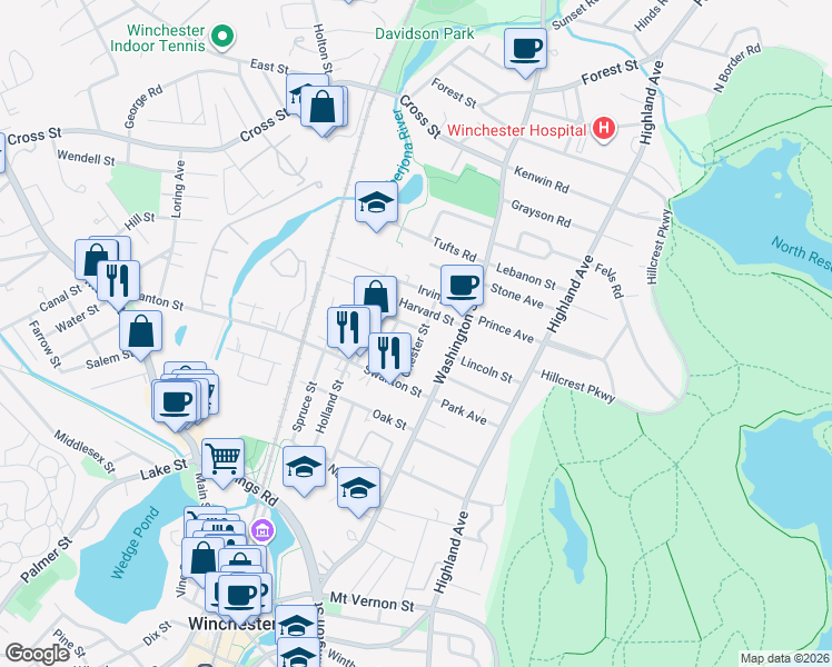 map of restaurants, bars, coffee shops, grocery stores, and more near 4 Raymond Place in Winchester