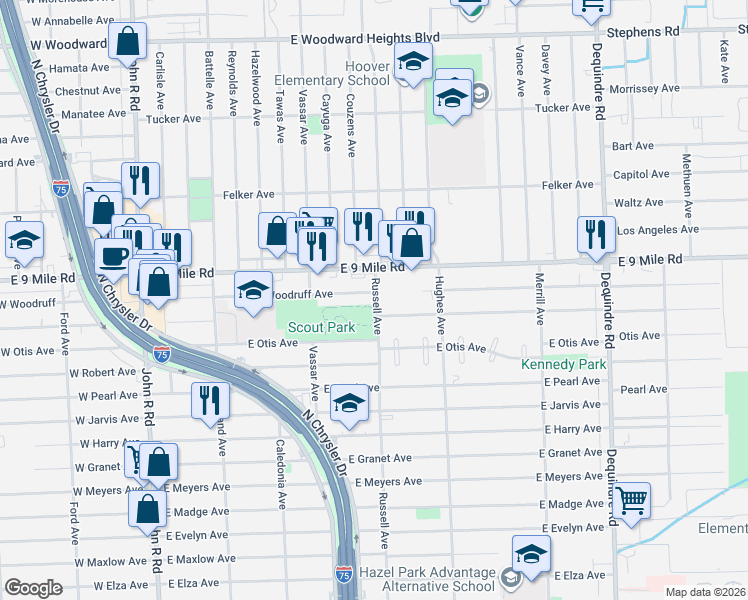 map of restaurants, bars, coffee shops, grocery stores, and more near 1036 East Woodruff Avenue in Hazel Park