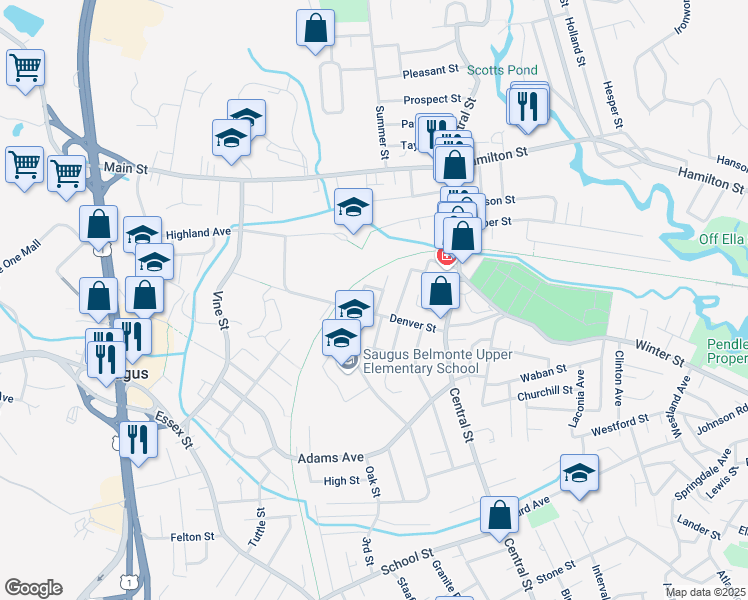 map of restaurants, bars, coffee shops, grocery stores, and more near 6 Robinson Street in Saugus