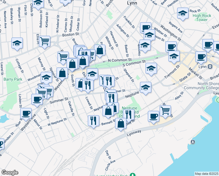 map of restaurants, bars, coffee shops, grocery stores, and more near 66 Commercial Street in Lynn