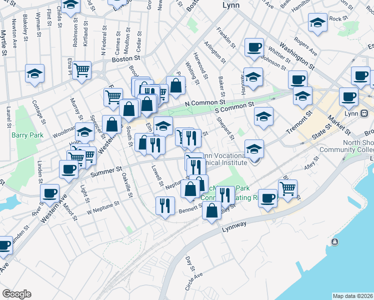 map of restaurants, bars, coffee shops, grocery stores, and more near 66 Commercial Street in Lynn