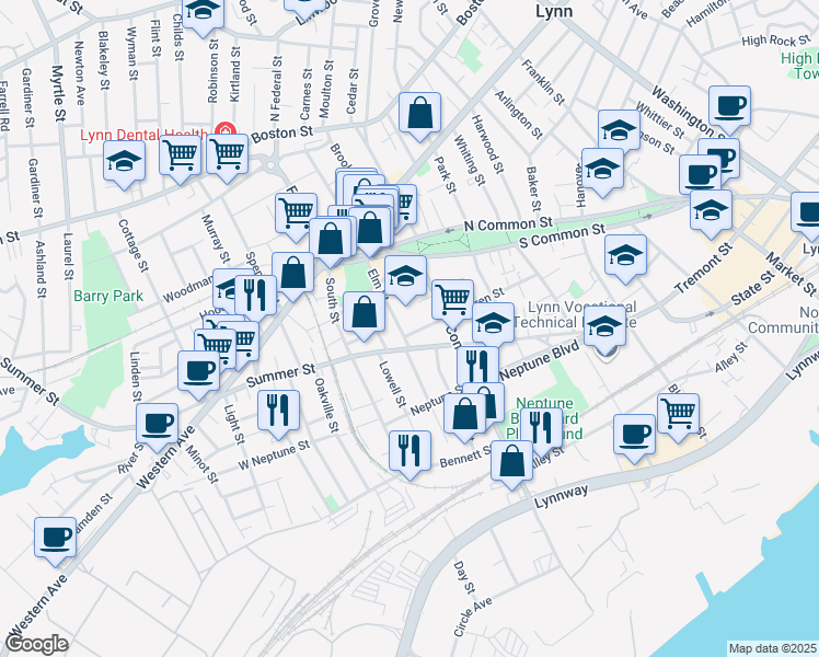 map of restaurants, bars, coffee shops, grocery stores, and more near 94 Warren Street in Lynn