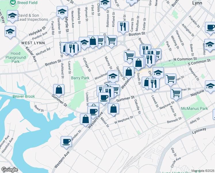 map of restaurants, bars, coffee shops, grocery stores, and more near 68 Hood Street in Lynn