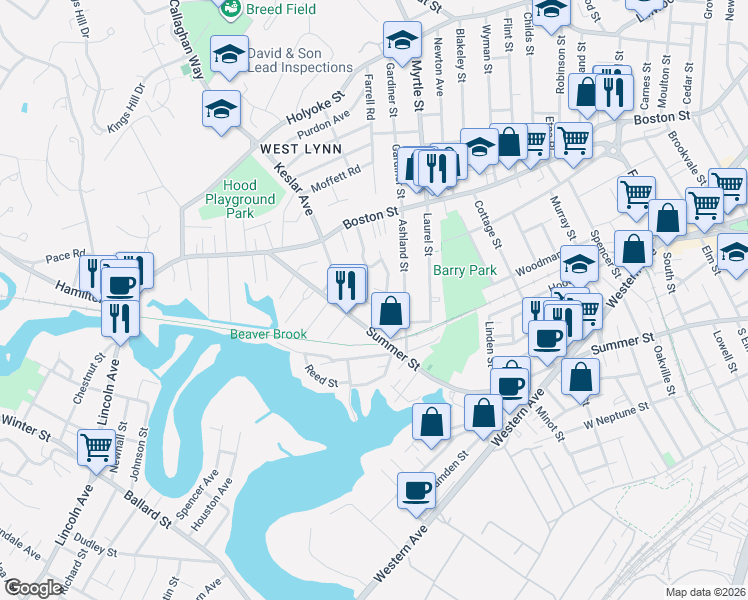 map of restaurants, bars, coffee shops, grocery stores, and more near 11-13 Echo Grove Avenue in Lynn