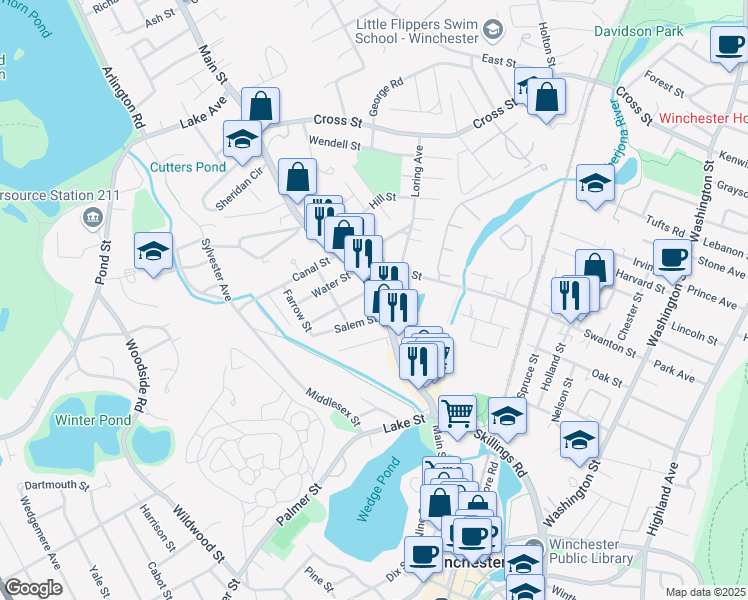 map of restaurants, bars, coffee shops, grocery stores, and more near 842 Main Street in Winchester