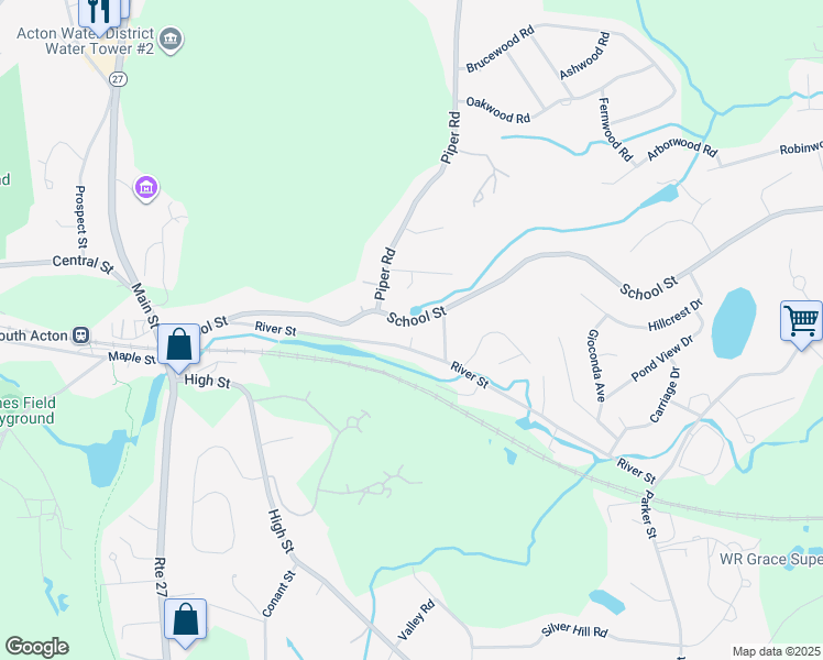 map of restaurants, bars, coffee shops, grocery stores, and more near 66 River Street in Acton