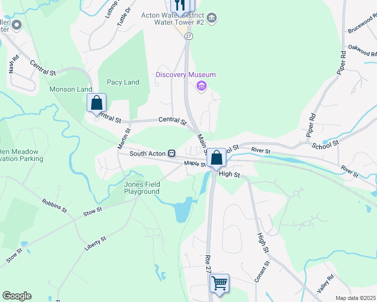 map of restaurants, bars, coffee shops, grocery stores, and more near 19 Railroad Street in Acton