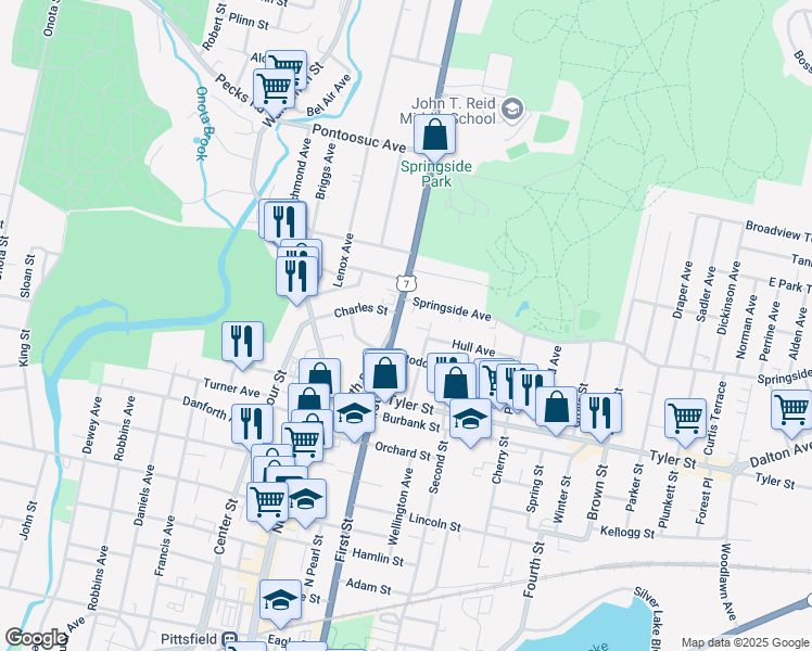 map of restaurants, bars, coffee shops, grocery stores, and more near 51 Myrtle Street in Pittsfield