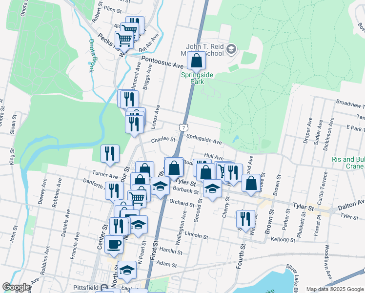 map of restaurants, bars, coffee shops, grocery stores, and more near 51 Myrtle Street in Pittsfield
