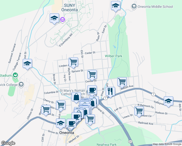 map of restaurants, bars, coffee shops, grocery stores, and more near 62 Elm Street in Oneonta