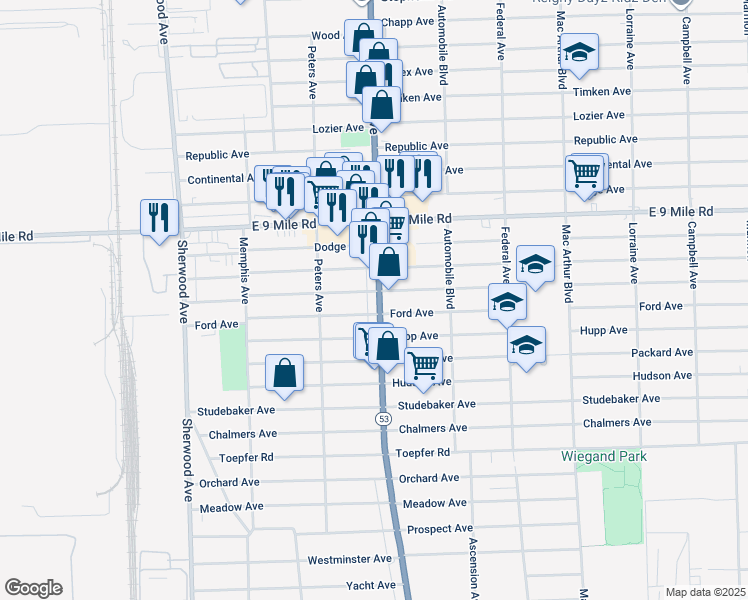 map of restaurants, bars, coffee shops, grocery stores, and more near 22105 Van Dyke Avenue in Warren