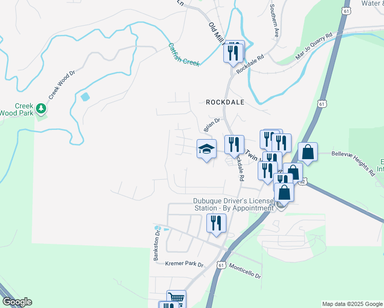 map of restaurants, bars, coffee shops, grocery stores, and more near 2098 Heidi Court in Dubuque
