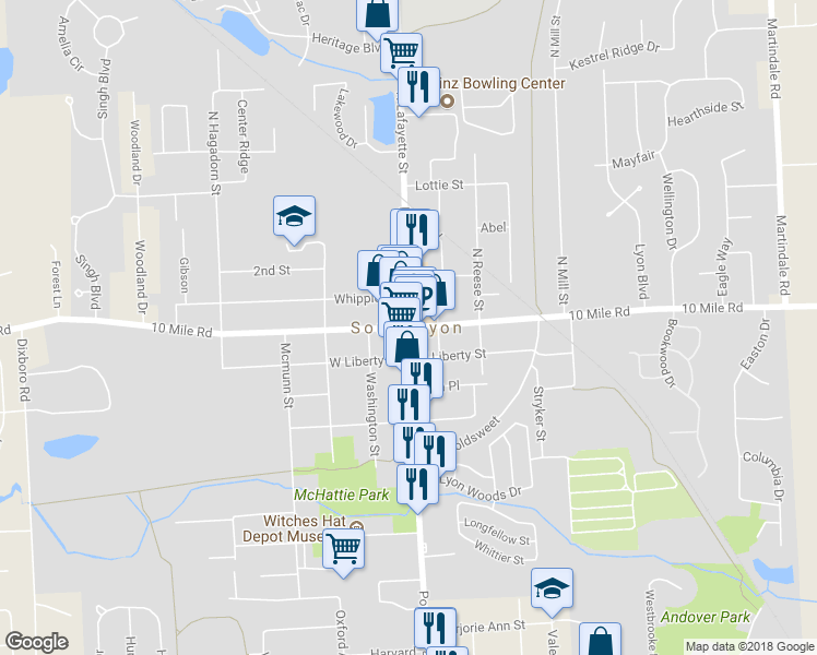 map of restaurants, bars, coffee shops, grocery stores, and more near 5 10 Mile Road in South Lyon