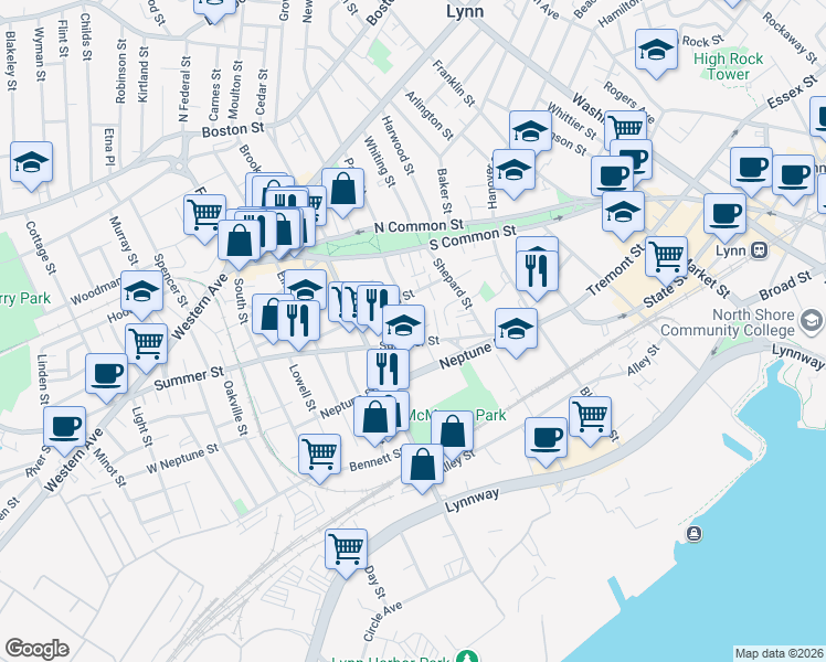 map of restaurants, bars, coffee shops, grocery stores, and more near 61 Vine Street in Lynn