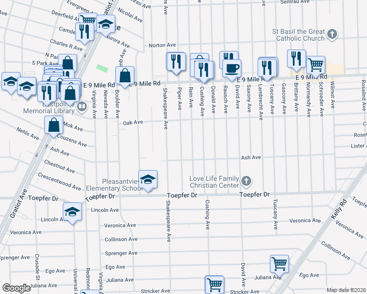 map of restaurants, bars, coffee shops, grocery stores, and more near 22056 Piper Avenue in Eastpointe