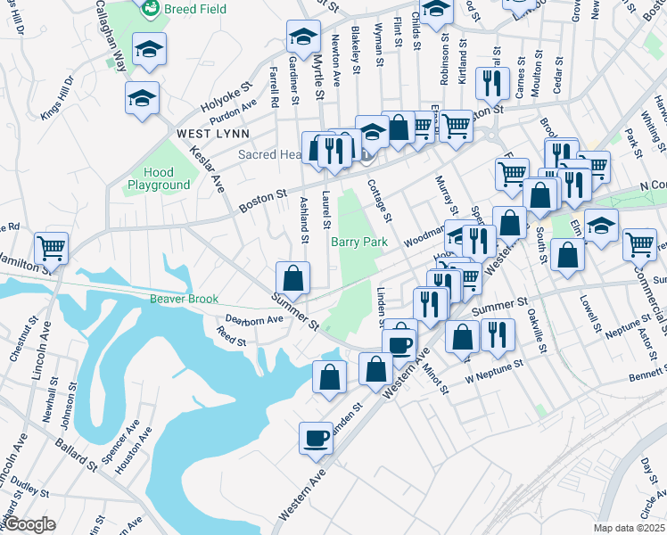 map of restaurants, bars, coffee shops, grocery stores, and more near 86 Laurel Street in Lynn