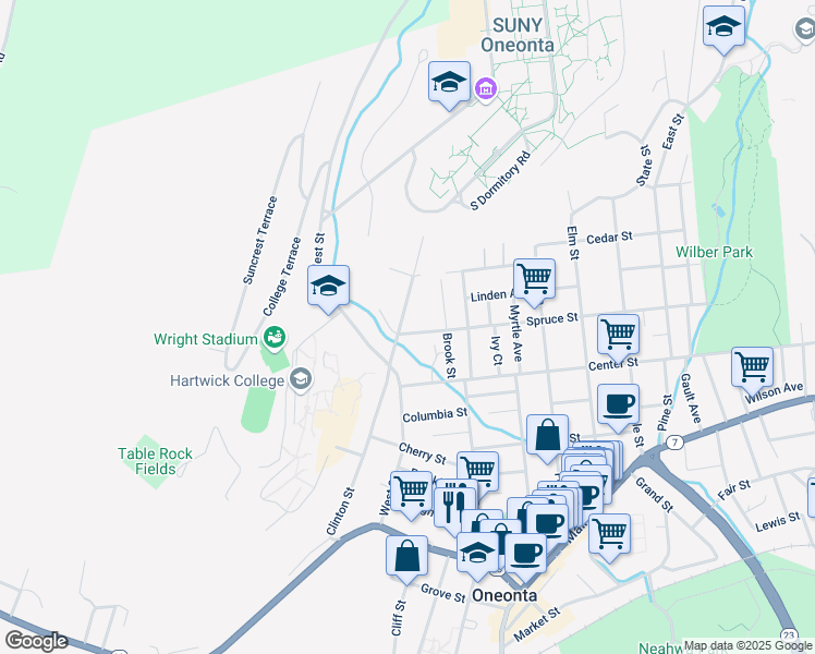 map of restaurants, bars, coffee shops, grocery stores, and more near 15 Spruce St in Oneonta