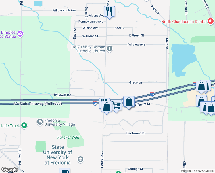 map of restaurants, bars, coffee shops, grocery stores, and more near 1114 Central Avenue in Dunkirk