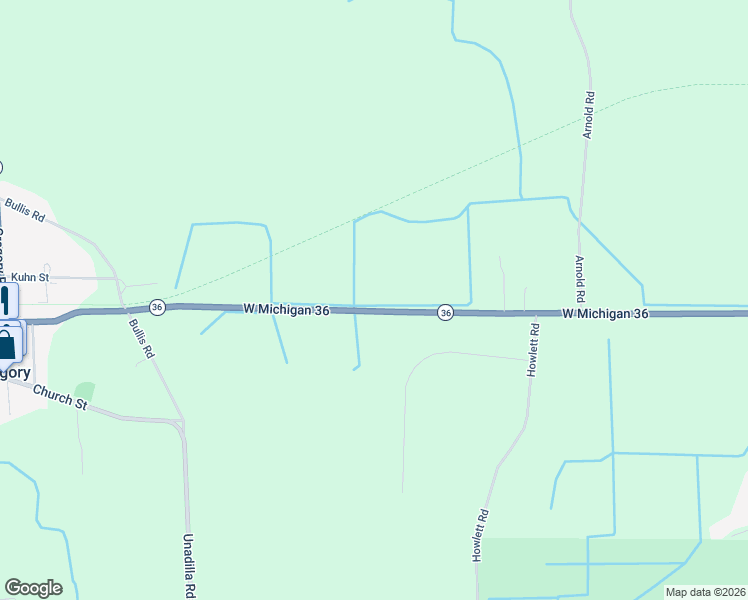 map of restaurants, bars, coffee shops, grocery stores, and more near 19605 Mi State Road 36 in Gregory