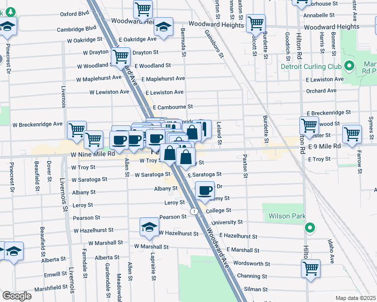 map of restaurants, bars, coffee shops, grocery stores, and more near E 9 Mile Rd & Bermuda St in Ferndale