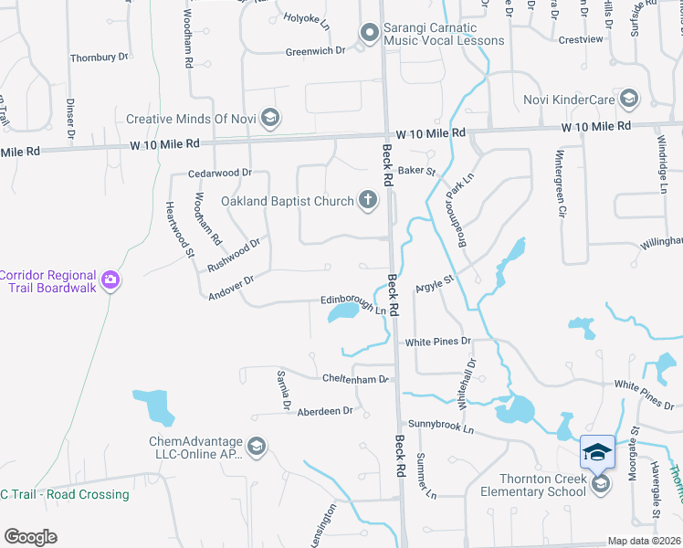 map of restaurants, bars, coffee shops, grocery stores, and more near 47973 Andover Drive in Novi