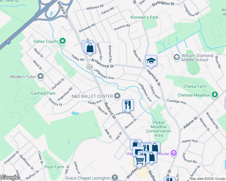 map of restaurants, bars, coffee shops, grocery stores, and more near 201 Bedford Street in Lexington